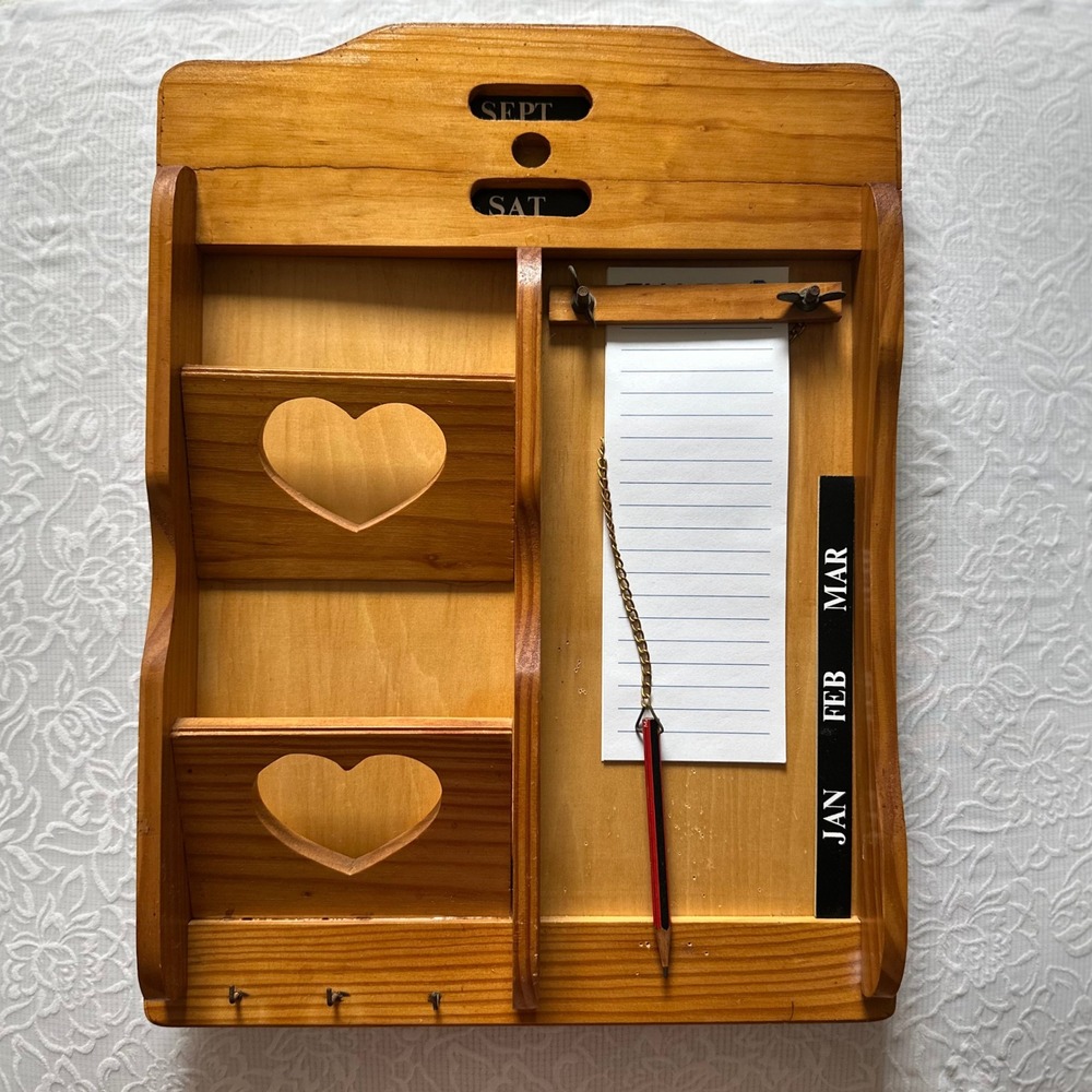 Vintage Wood Wall Organizer Heart Shelf Perpetual Calendar Key Hooks Mail Sorter